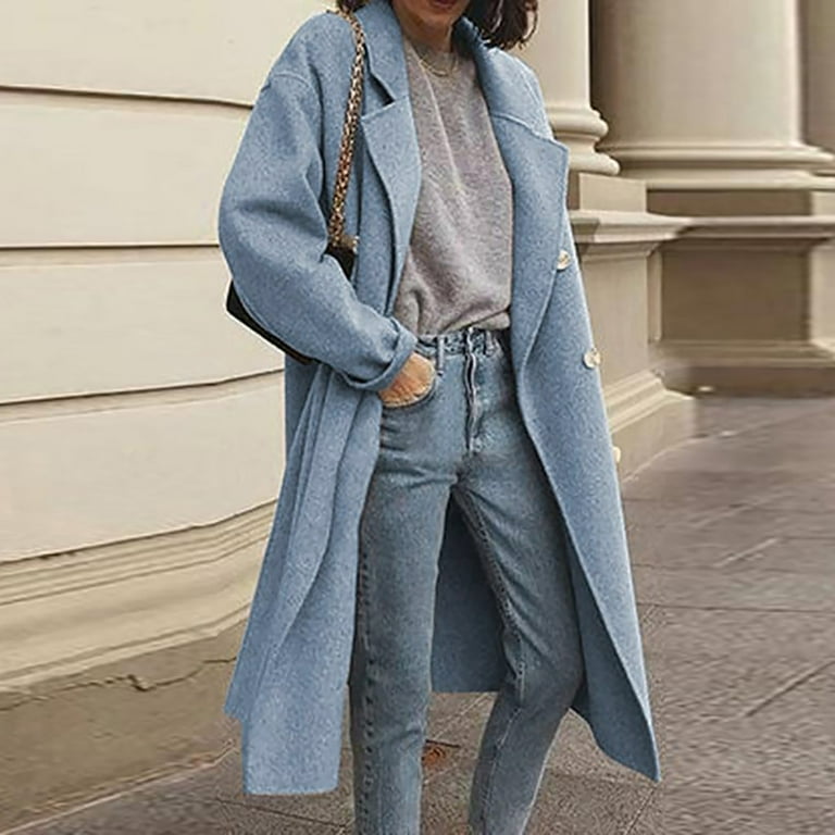 FITORON Womens Winter Coats Solid Peacoat Elegant Slim Long Sleeve Collared Neck Cardigan for Autumn Winter Blue XL