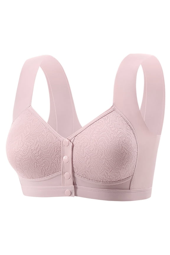 Womens Wireless Front Closure Bra Seamless Plus Size | Lace Padded Lounge & Everyday Bra | Comfy Post Surgery Recovery Bra in Pink,Size 46