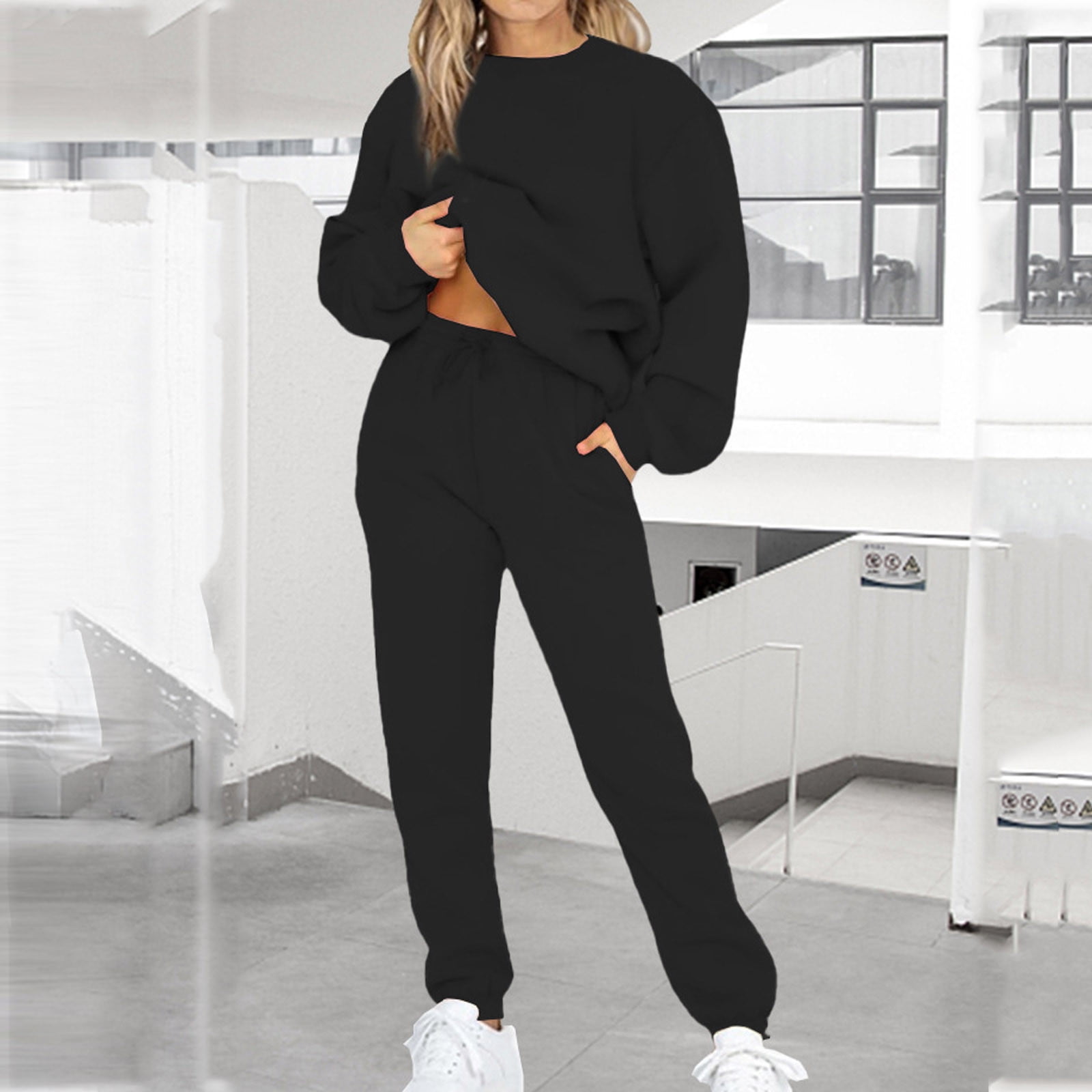 FITORON Womens Workout Sets- Leisure Tops Loose Comfy Activewear Suit Solid  Long Sleeve Pullover Drop Shoulder Crew Neck Activewear Sets Black M