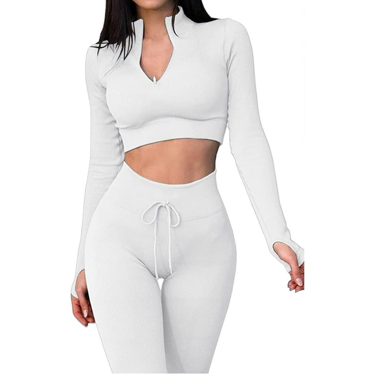 FITORON Womens Workout Sets- Long Sleeve Half Zip Turtleneck Sexy Slim  Sweatershirts Pullover Yoga Activewear Leisure Tops Solid Activewear Sets  White M 