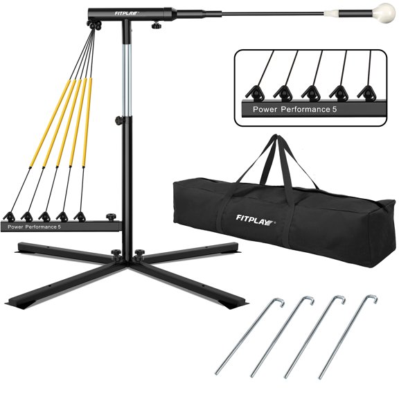 FITPLAY Baseball Softball Swing Trainer with 5 Power Bands,Auto Reset Baseball Training Equipment,Baseball Hitting Trainer,Height Adjustable 31-47 inches Softball Swing Trainer Improve Power,Speed