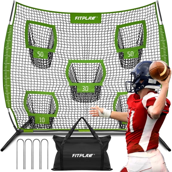 FITPLAY Football Throwing Net,7x7FT Football Practice Net with 5 Pockets Target Quarterback Football Training Equipment for Youth/Adult Improve Accuracy and Mechanic,Includes Carry Bag,Ground Stakes