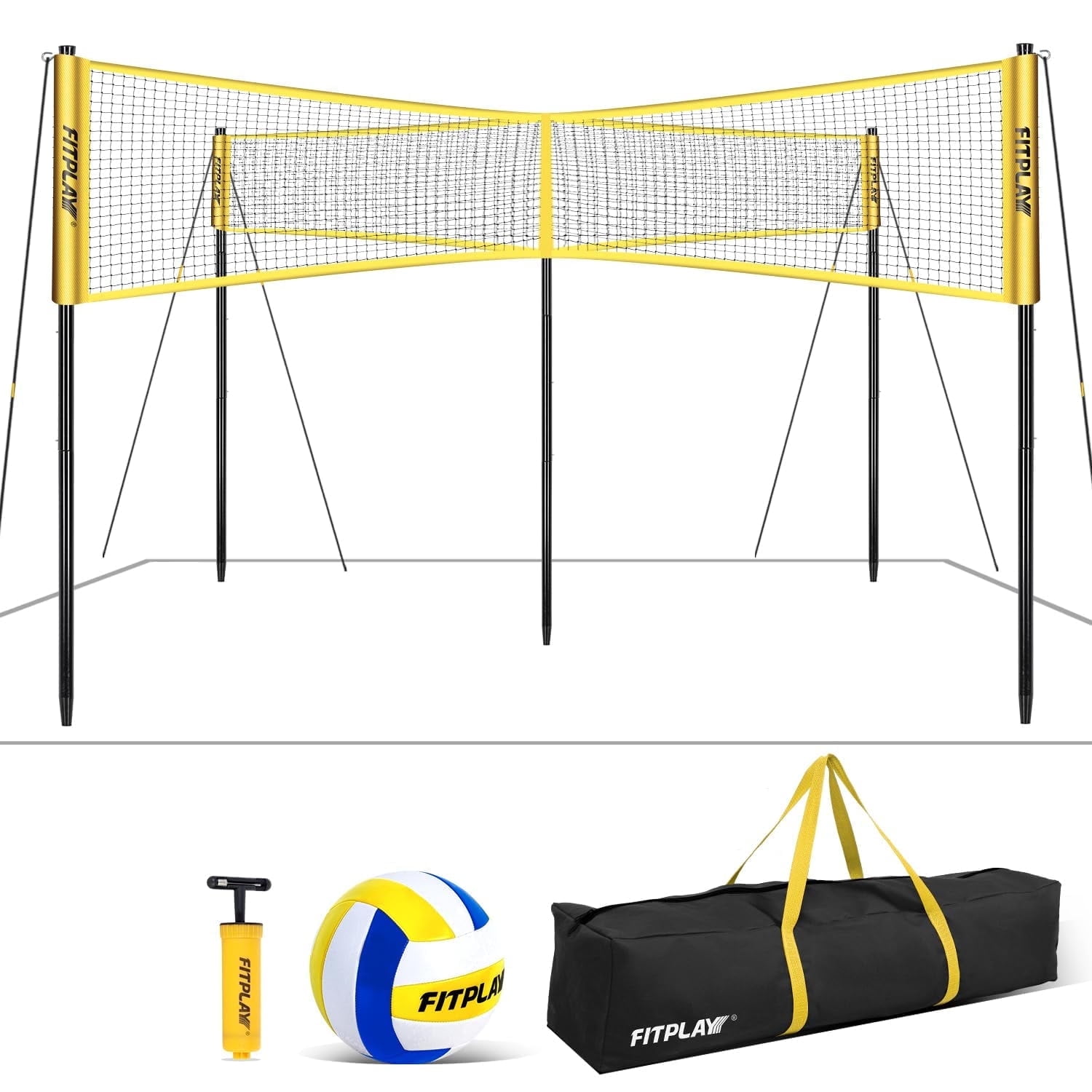 FITPLAY Four Square Volleyball Net Set, Portable Height Adjustable For Backyard Beach Lawn