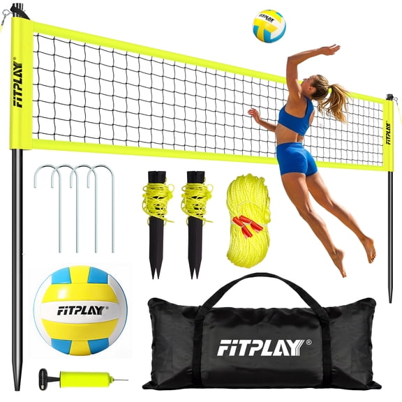 FITPLAY Portable Volleyball Net for Backyard & Beach - 32FT Outdoor Volleyball Set with Adjustable Height (8ft/7.8ft/7.4ft), Boundary Line, Volleyball, Pump & Carry Bag