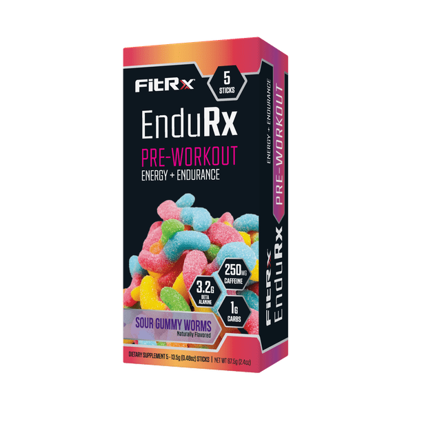 FitRx EnduRx Sour Gummy Worm Pre-Workout Powder – 5 Packets, 250mg Caffeine, 3.2g Beta Alanine, 2.4oz Total