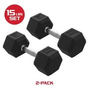 FitRx 15lbs Rubber Hex Dumbbell Set   Solid Steel Handles, Durable Rubber Coating, Anti-Roll Weights for Fitness, Pair