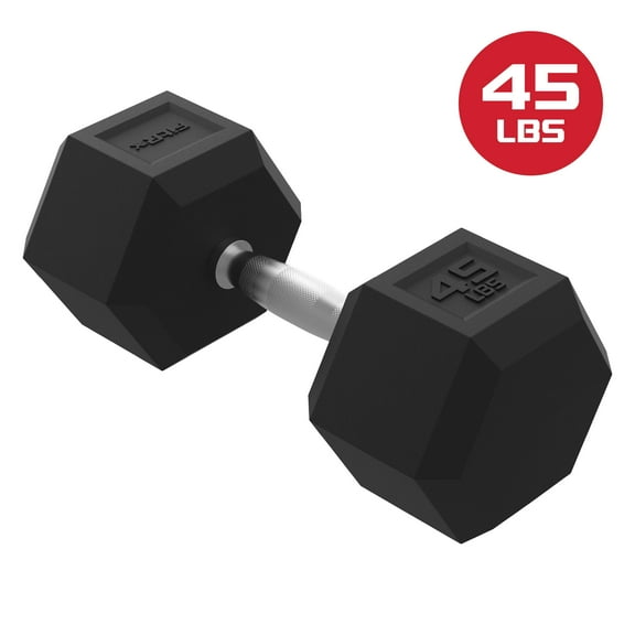 FitRx 45lbs Rubber Hex Dumbbell – Solid Steel Handle, Durable Rubber Coating, Anti-Roll Weight for Fitness, Single