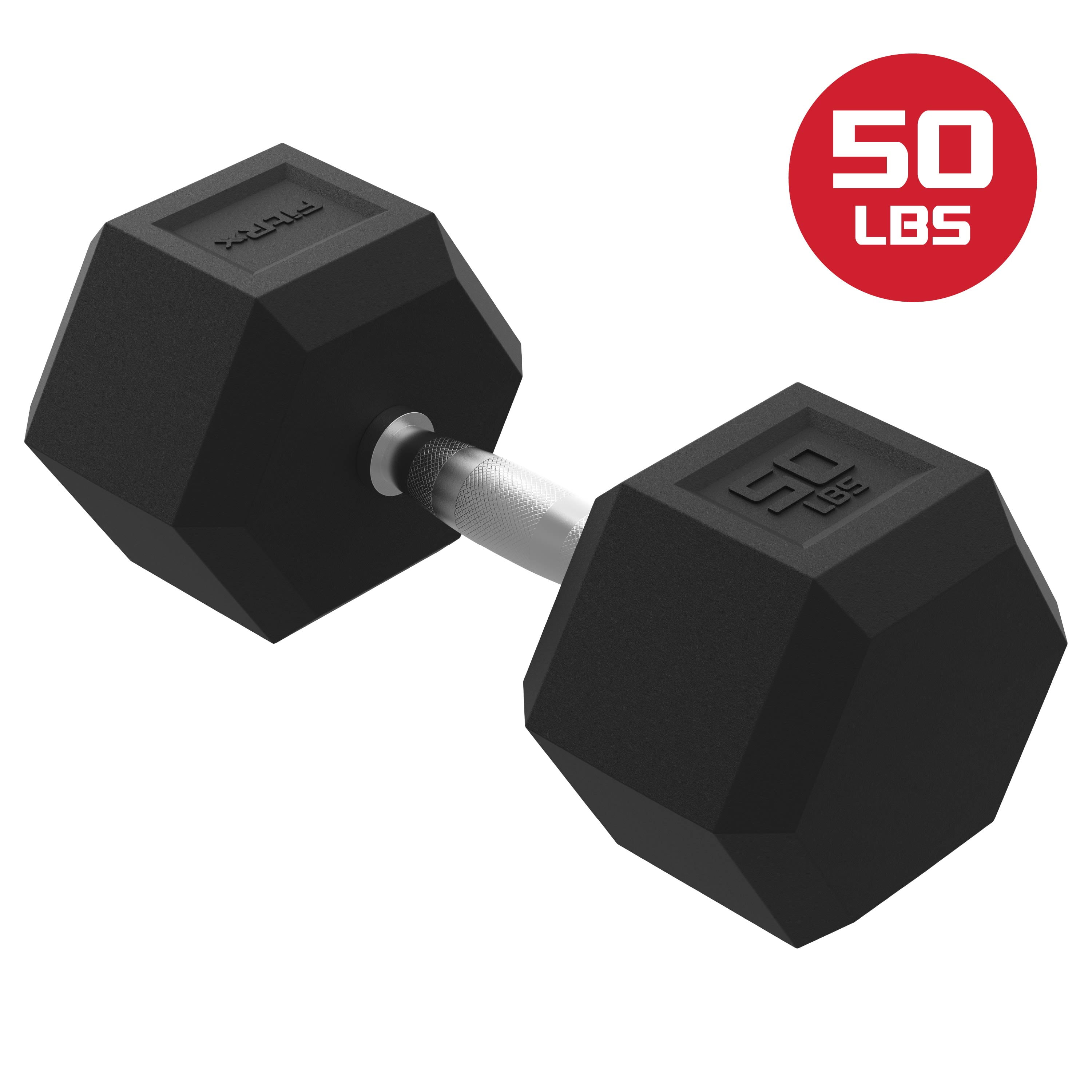 FitRx 50lbs Rubber Hex Dumbbell – Solid Steel Handle, Durable Rubber Coating, Anti-Roll Weight for Fitness, Single