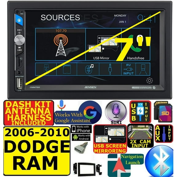 FITS 06-10 DODGE RAM AM/FM USB/BLUETOOTH TOUCHSCREEN CAR RADIO STEREO PKG. INCLUDES VEHICLE SPECIFIC INSTALLATION HARDWARE INCLUDING DASH KIT, WIRE HARNESS, AND ANTENNA ADAPTER WHEN REQIRED.