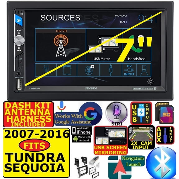 FITS 07-16 TUNDRA SEQOUIA AM/FM USB/BLUETOOTH TOUCHSCREEN CAR RADIO STEREO PKG. INCLUDES VEHICLE SPECIFIC INSTALLATION HARDWARE INCLUDING DASH KIT, WIRE HARNESS, AND ANTENNA ADAPTER WHEN REQIR