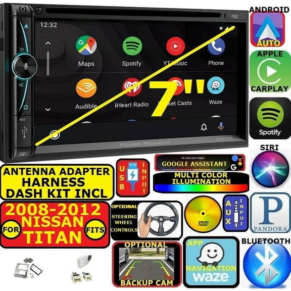 FITS 08-12 TITAN APPLE CARPLAY NAVIGATION (works with IPHONE) AM/FM USB/BLUETOOTH CAR RADIO STEREO PKG. INCL. VEHICLE HARDWARE: DASH KIT, WIRE HARNESS, AND ANTENNA ADAPTER WHEN REQIRED.