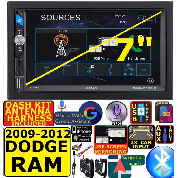 FITS 09-12 DODGE RAM AM/FM USB/BLUETOOTH TOUCHSCREEN CAR RADIO STEREO PKG. INCLUDES VEHICLE SPECIFIC INSTALLATION HARDWARE INCLUDING DASH KIT, WIRE HARNESS, AND ANTENNA ADAPTER WHEN REQIRED.