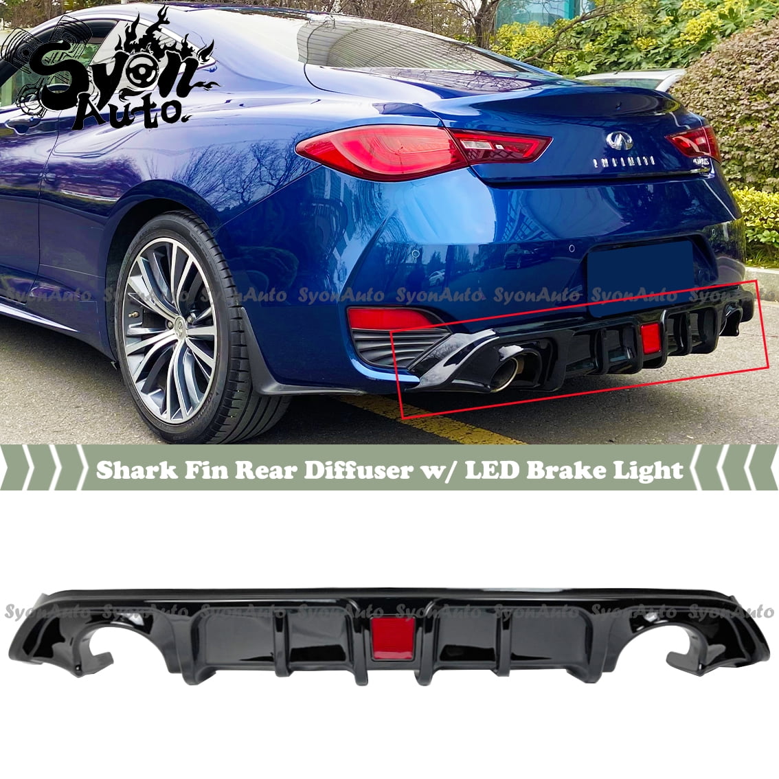 FITS 17-2022 INFINITI Q60 GLOSS BLACK SHARK FIN REAR DIFFUSER W/ LED ...