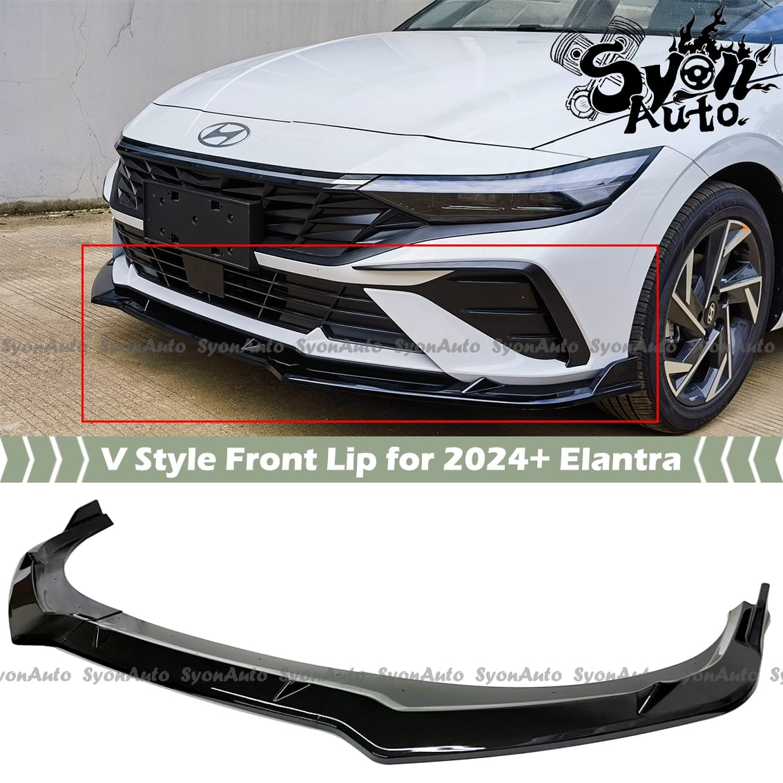 FITS 2024+ HYUNDAI ELANTRA GLOSSY BLACK V STYLE 3PCS FRONT BUMPER LIP ...