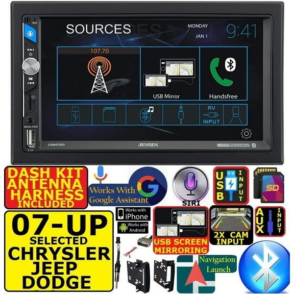 FITS CHRYSLER JEEP DODGE AM/FM USB/BLUETOOTH TOUCHSCREEN CAR RADIO STEREO PKG. INCLUDES VEHICLE SPECIFIC INSTALLATION HARDWARE INCLUDING DASH KIT, WIRE HARNESS, AND ANTENNA ADAPTER WHEN REQIRE