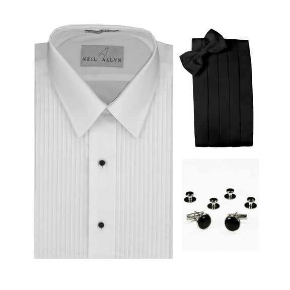 FITTED Lay-Down Collar Tuxedo Shirt, Cummerbund, Bow-Tie, Cuff Links & Studs Set