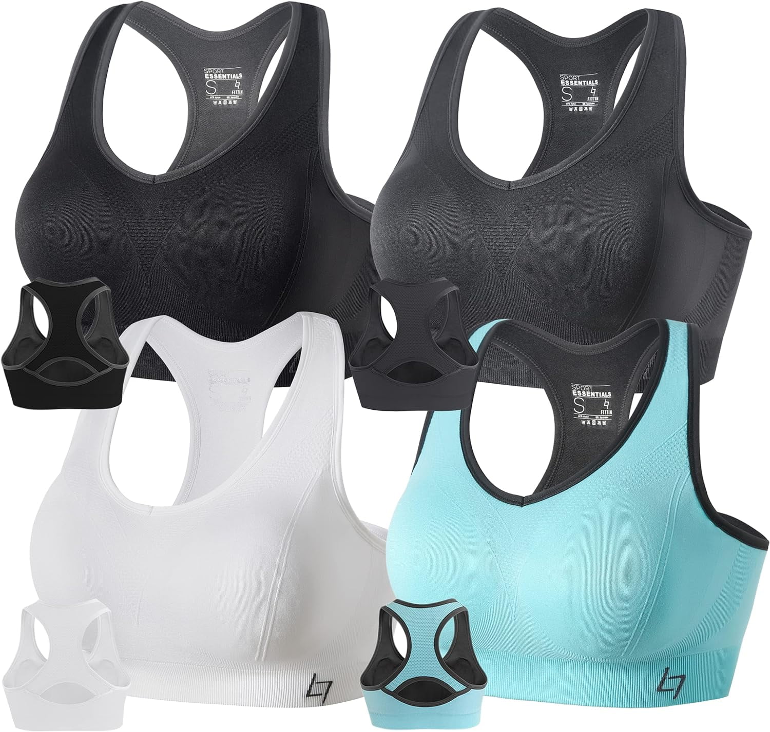 FITTIN Racerback Sports Bras for Women - Padded Seamless High Impact  Support for Yoga Gym Workout Fitness Large A1-black/Grey/Blue/White