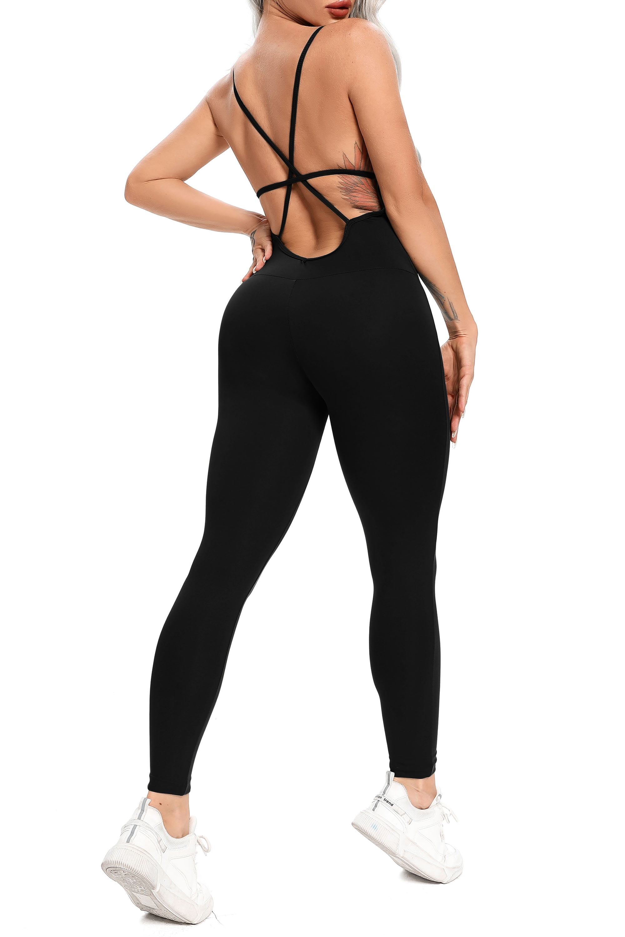 FITTOO Women Jumpsuits Criss Cross Back Bodysuit One Piece Backless Gym  Playsuit 