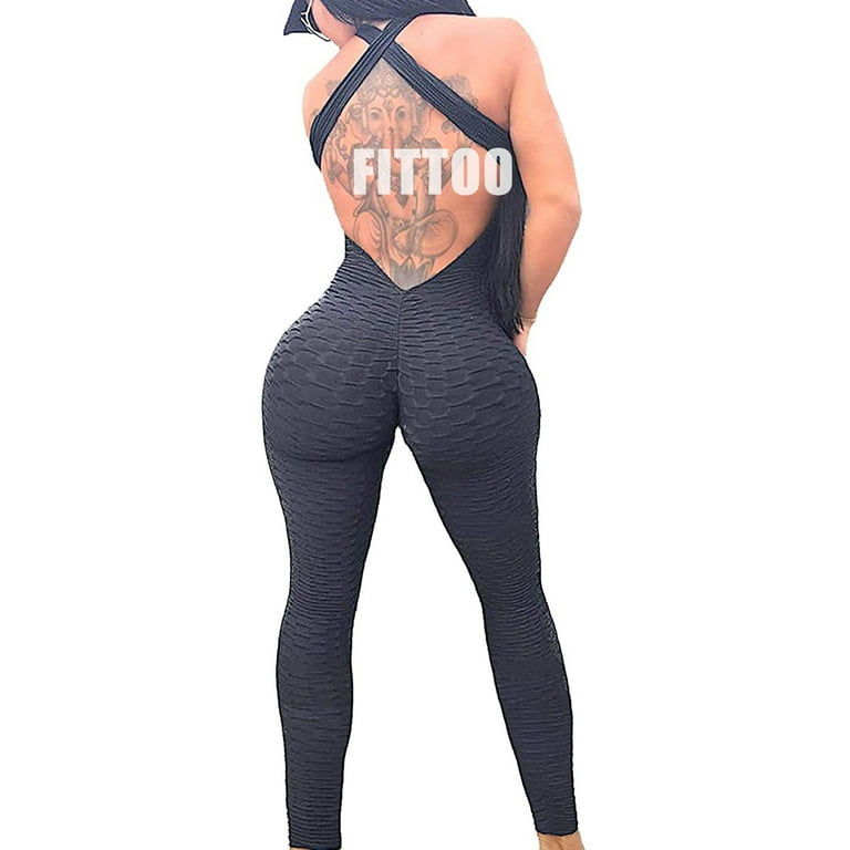 FITTOO Women Ruched Butt Lift Texture Bodysuit Yoga Fitness Backless  Workout Gym Jumpsuits 