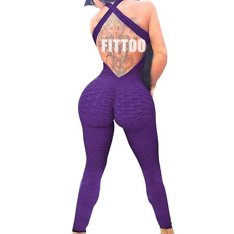FITTOO Women Ruched Butt Lift Texture Bodysuit Yoga Fitness Backless  Workout Gym Jumpsuits 