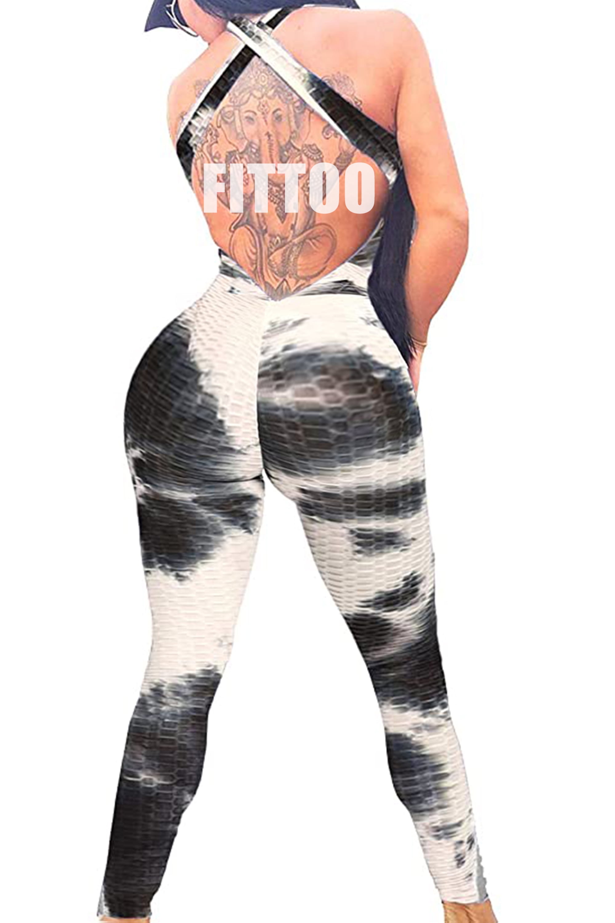 FITTOO Women Ruched Butt Lift Texture Bodysuit Yoga Fitness