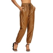 FITTOO Women's Drawstring Elastic High Waisted Tapered Leather Pants S-XL