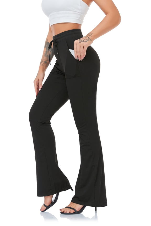 Womens Elastic Waist Pocket Casual Drawstring Flare Yoga Pants Bell Bottoms Slacks S-XL