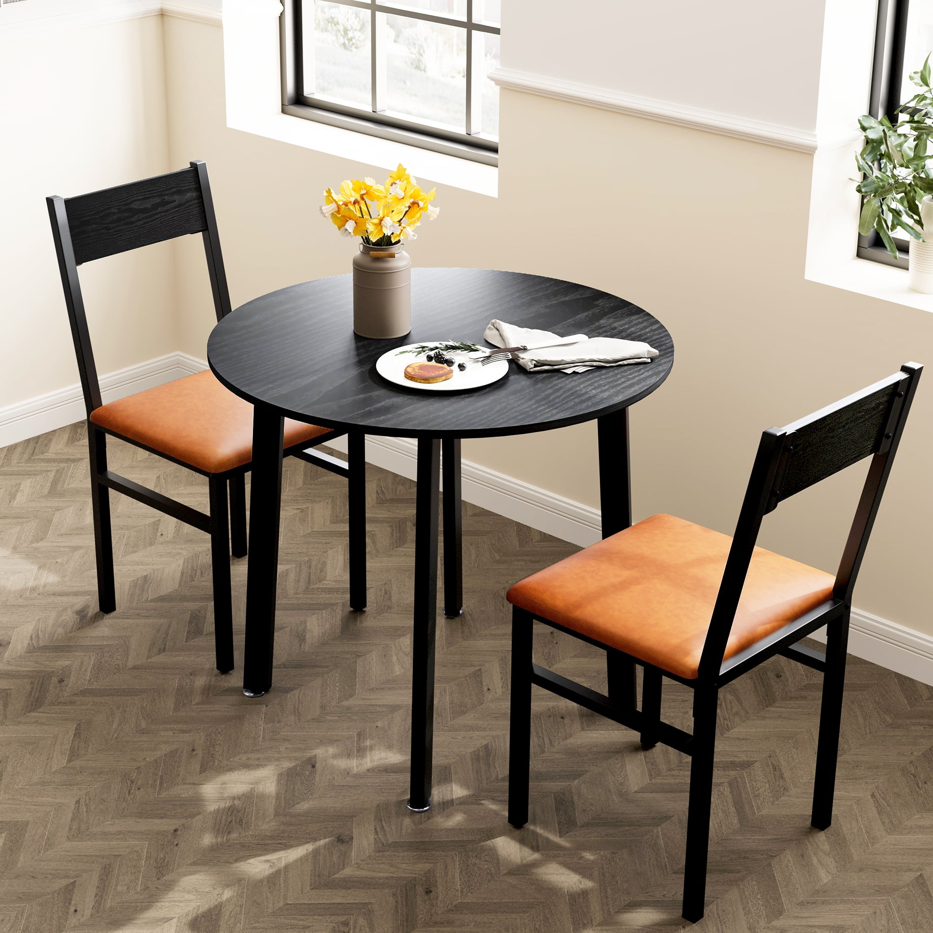FITUEYES 3 Piece Round Dining Table Set with 2 Cushioned Chairs Black Brown