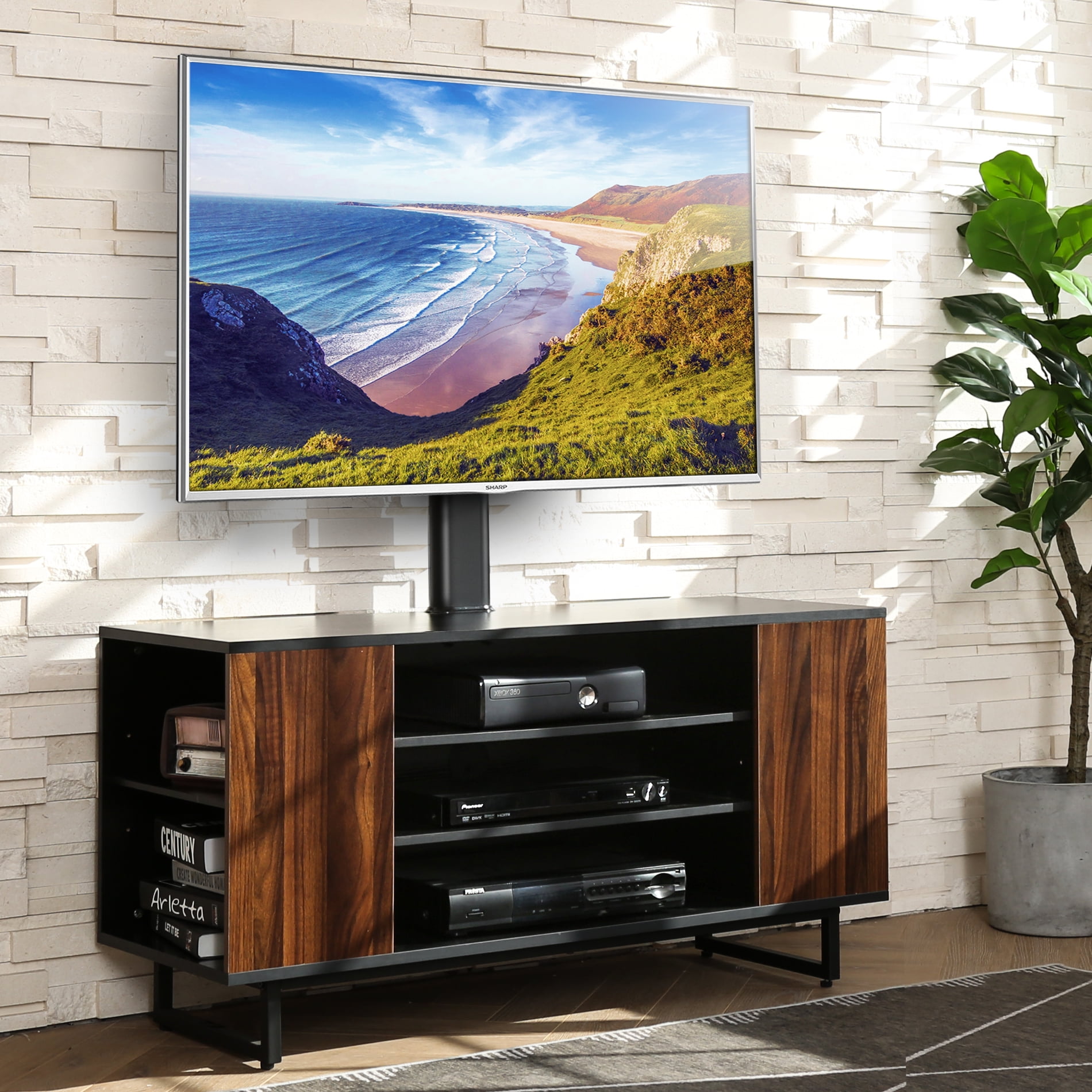 TW310601MB TV to Industrial Console Floor 70 for Wood Stand Metal FITUEYES Screen Media 32 inches 3-Tiers Mount Flat with Leg Base