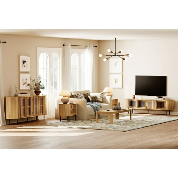 FITUEYES 4-Piece Modern TV Stand Set - Mid-Century 70" TV Stand for 75" TVs, Coffee Bar Cabinet for Living Room, Set of 2 Fluted Side Tables with 4 Drawers, Oak