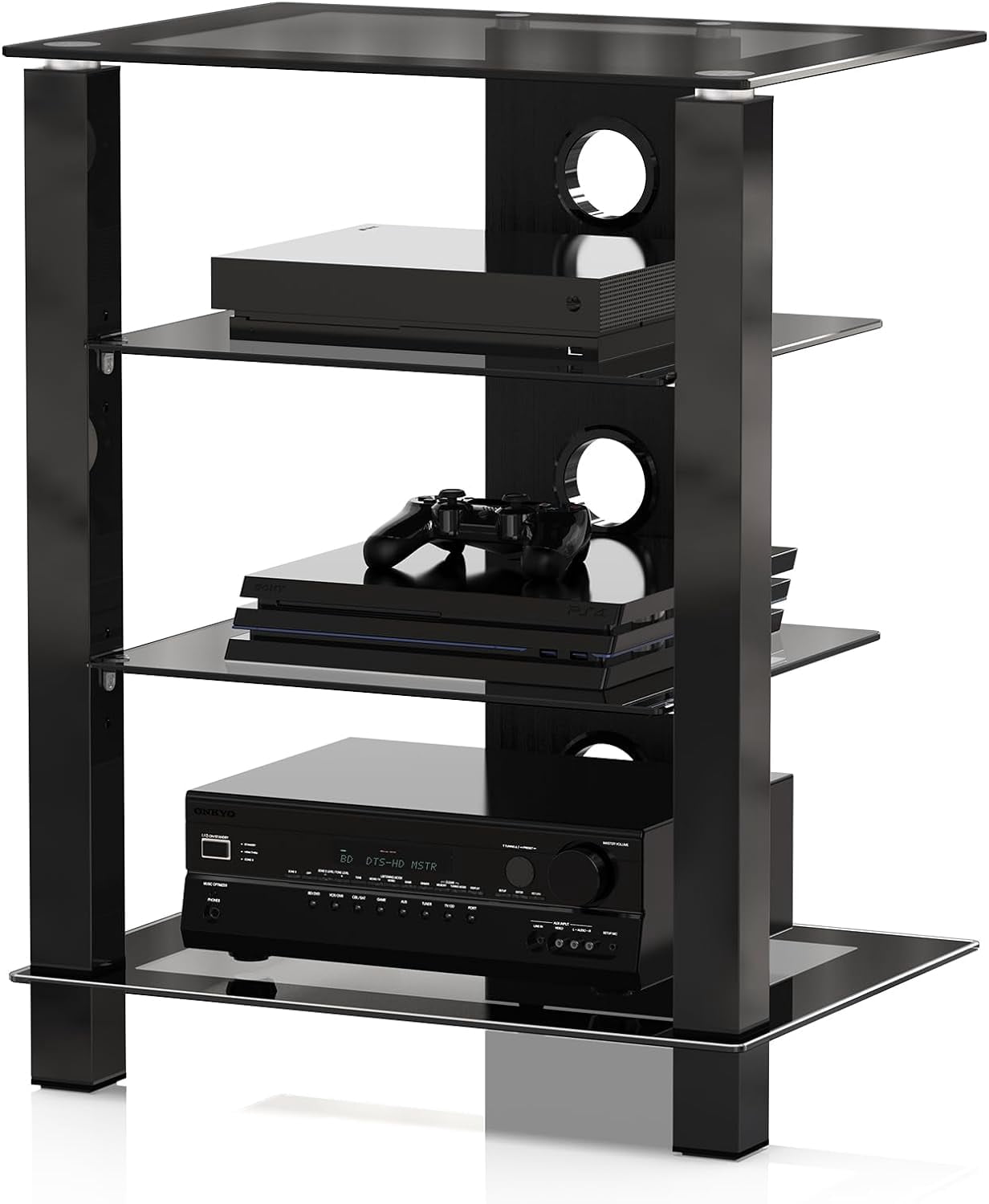 FITUEYES 4-Tier AV Media Cabinet with Tempered Glass Shelves, Black