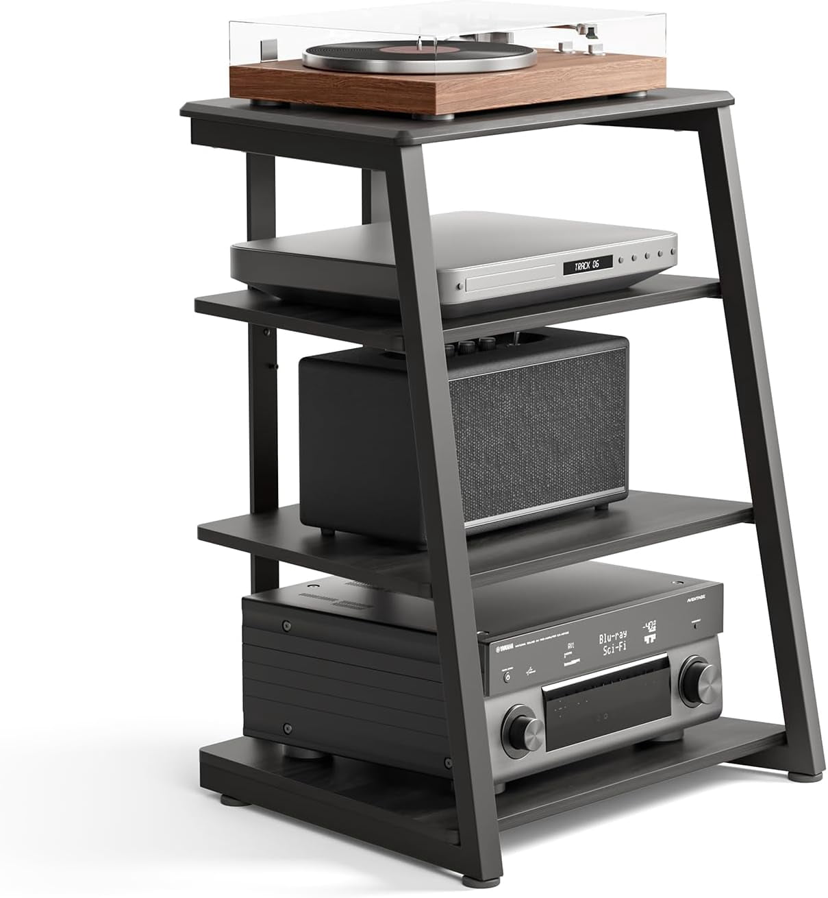 FITUEYES 4-Tier AV Media Stand Corner Shelf for Record Player, Adjustable Wooden Shelves, Black