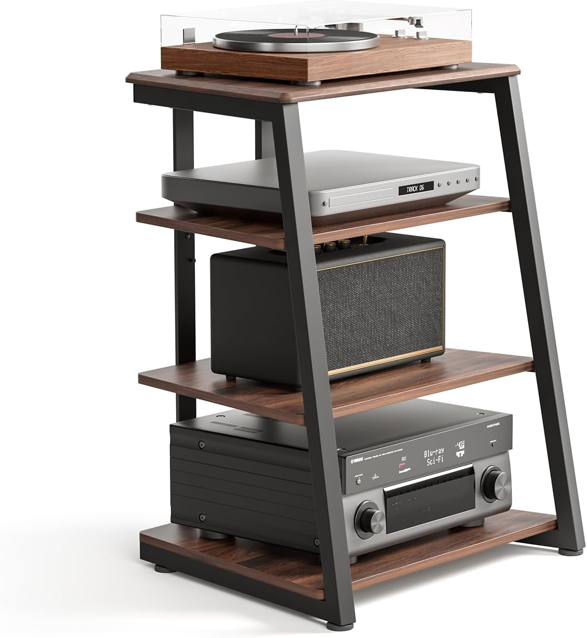 FITUEYES 4-Tier Media Stand with LED Backlight, Adjustable Shelves, White Oak