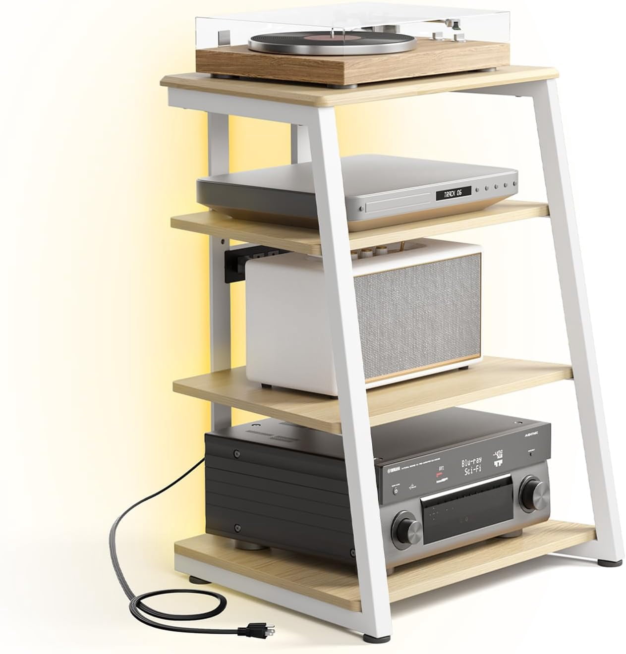 FITUEYES 4-Tier Media Stand with LED Backlight and Power Outlet, Adjustable Shelves, White Oak