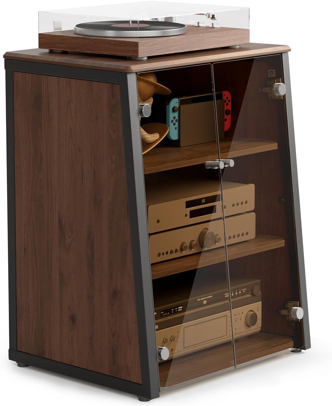 FITUEYES 4-Tier Media Stand with Tempered Glass Doors, Audio Component Cabinet, Dark Wood