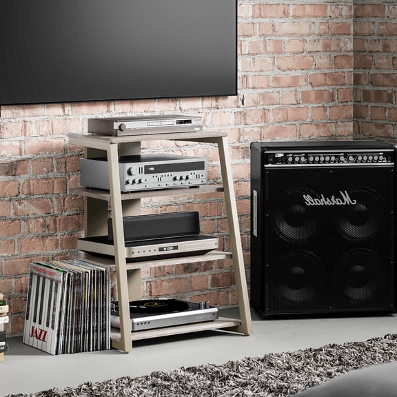 FITUEYES 4-Tier Wooden AV Component Media Stand Cabinet Open Shelves Media Console, Camel