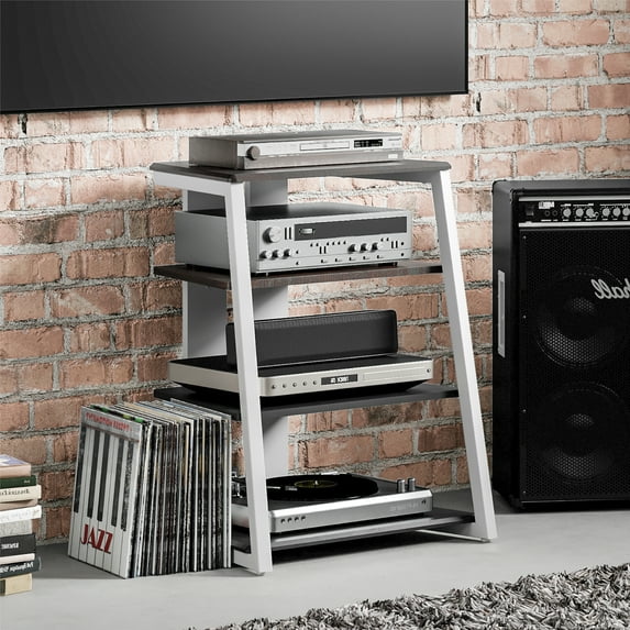 FITUEYES 4-Tier Wooden AV Component Media Stand Cabinet Open Shelves Media Console, Gray