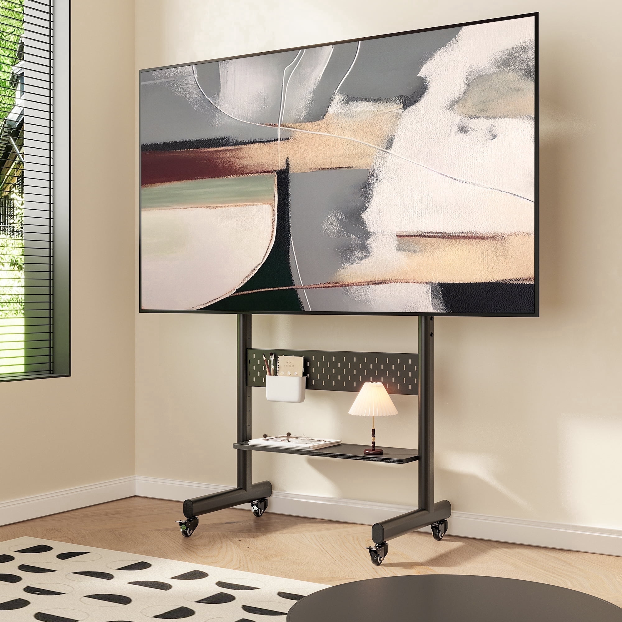 FITUEYES Rolling TV Stand with Wheels for 40-85 inch LCD/LED Screens, Height Adjustable Mobile Cart with One Shelf, Black
