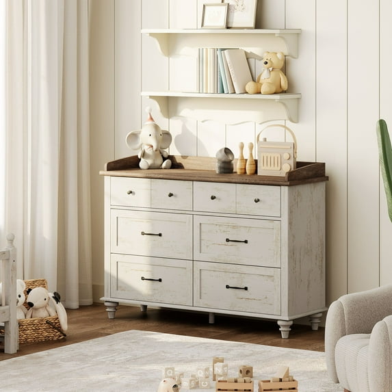 FITUEYES 47" Baby Dresser for Nursery, Wood Changing Table for Baby, Antique White