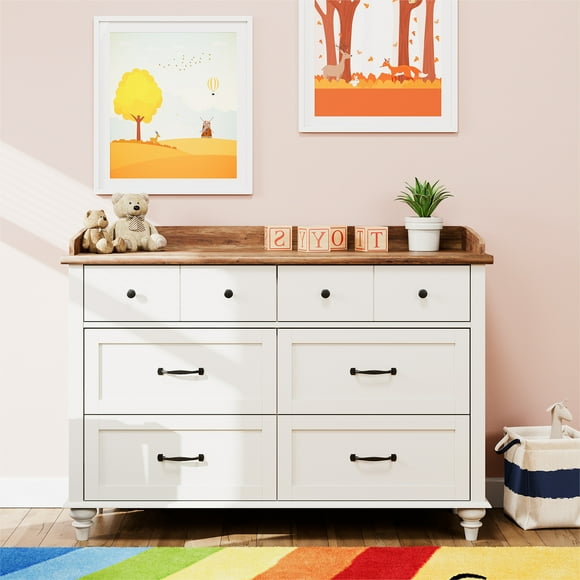 FITUEYES 6 Drawer White Oak Kids Dresser, Nursery Chest with Changing Table