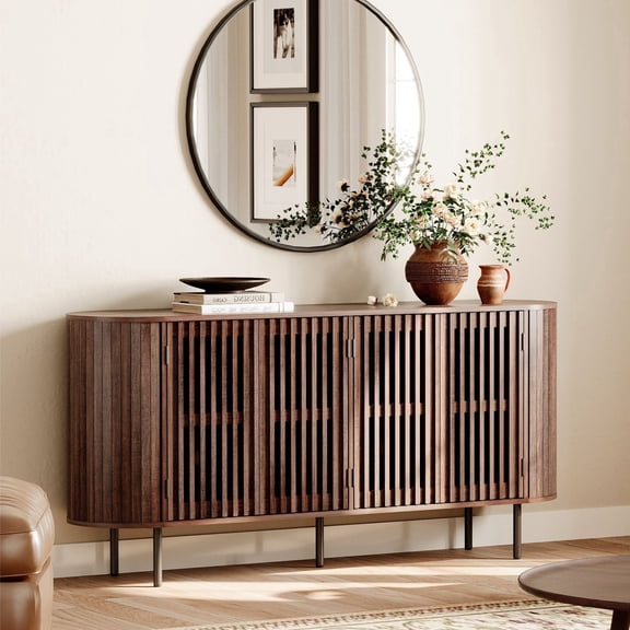 FITUEYES 64" Modern Kitchen Buffet Cabinet with Fluted Panel Design, Curved Credenza Coffee Bar for Dining Room & Living Room, Walnut