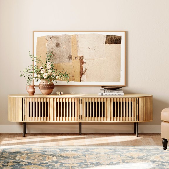 FITUEYES 70" Fluted TV Stand, Mid-Century Modern Wood Media Console for 75" TVs, Curved Edge Entertainment Center with Pop-up Doors & Storage, Living Room & Bedroom, Oak