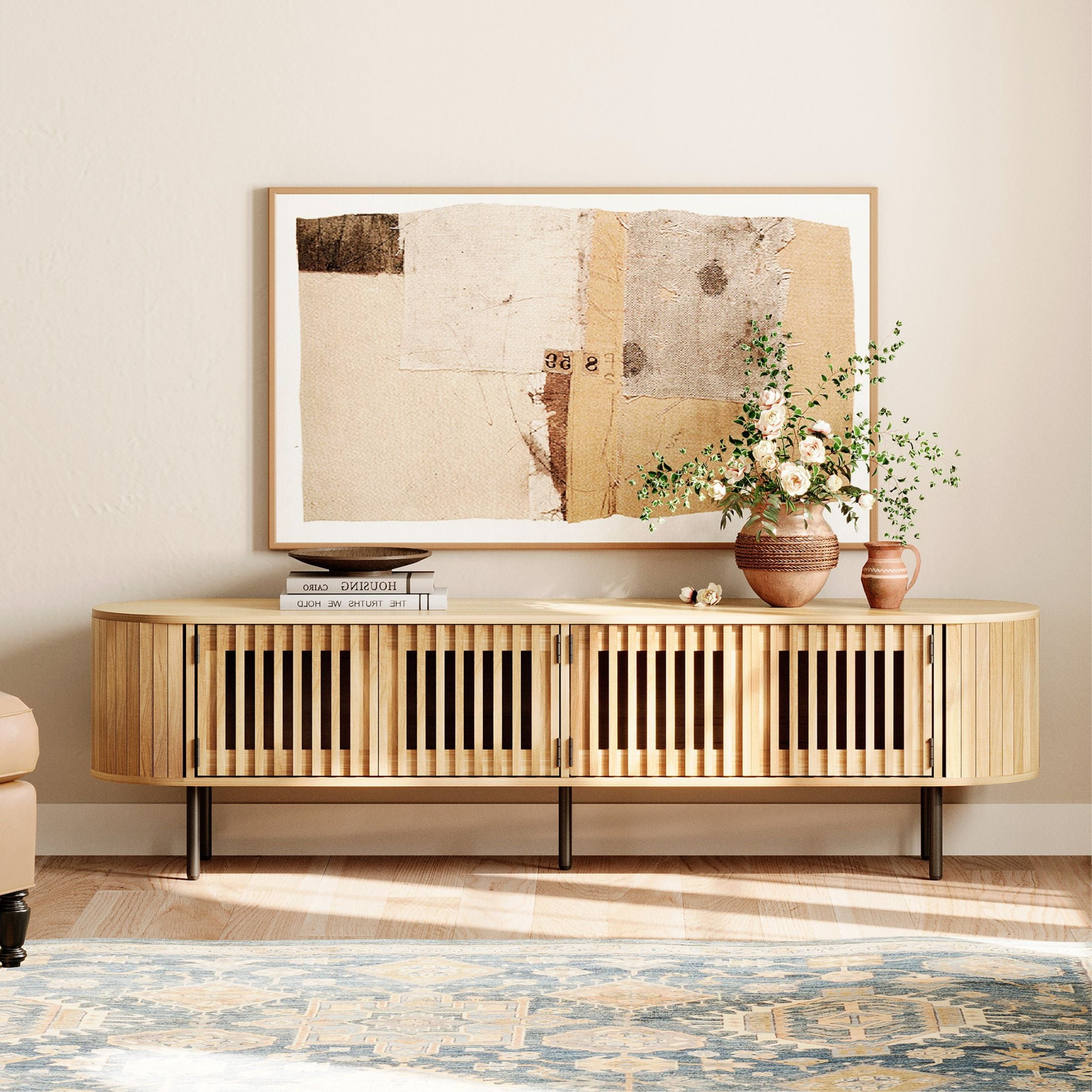 FITUEYES 70" Fluted TV Stand for 75" TVs, Mid-Century Modern Wood Console with Pop-up Doors, Ideal for Living Room & Bedroom, Oak