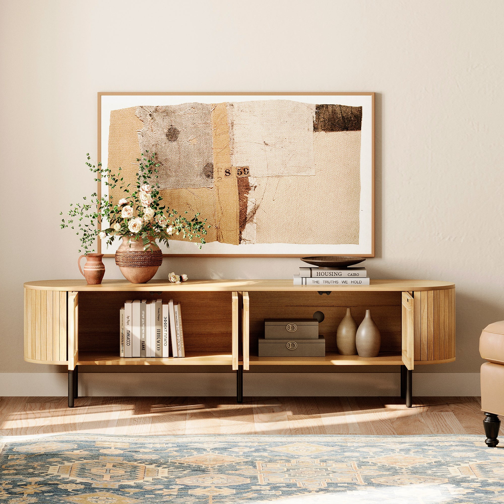 FITUEYES 70" Modern TV Stand for 65-75" TVs, Wooden Media Console with Fluted Waveform Panel Doors & Multiple Compartments, Living Room & Bedroom, Oak