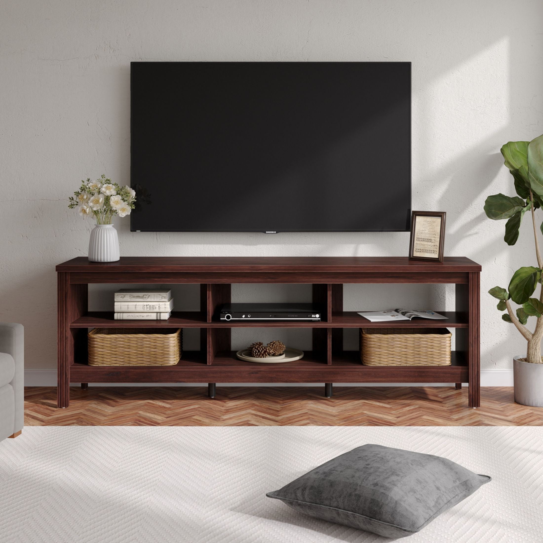 FITUEYES Brown TV Stand for 75 Inch TV Entertainment Center, Wood TV Table with 3 Open Shelves for Living Room, 70 inch