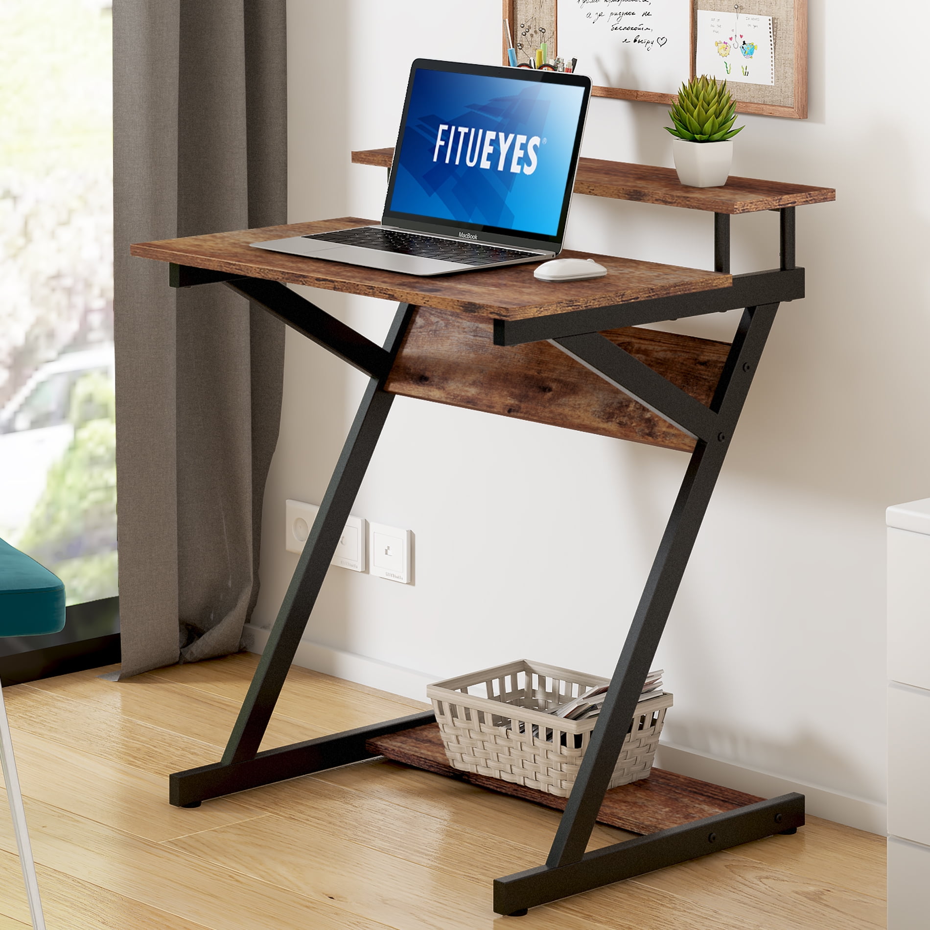 Fitueyes Computer Desk for Small Spaces,27.6 Z-Shaped Compact Study Table with Monitor & Bottom Shelves for Home Office, Black