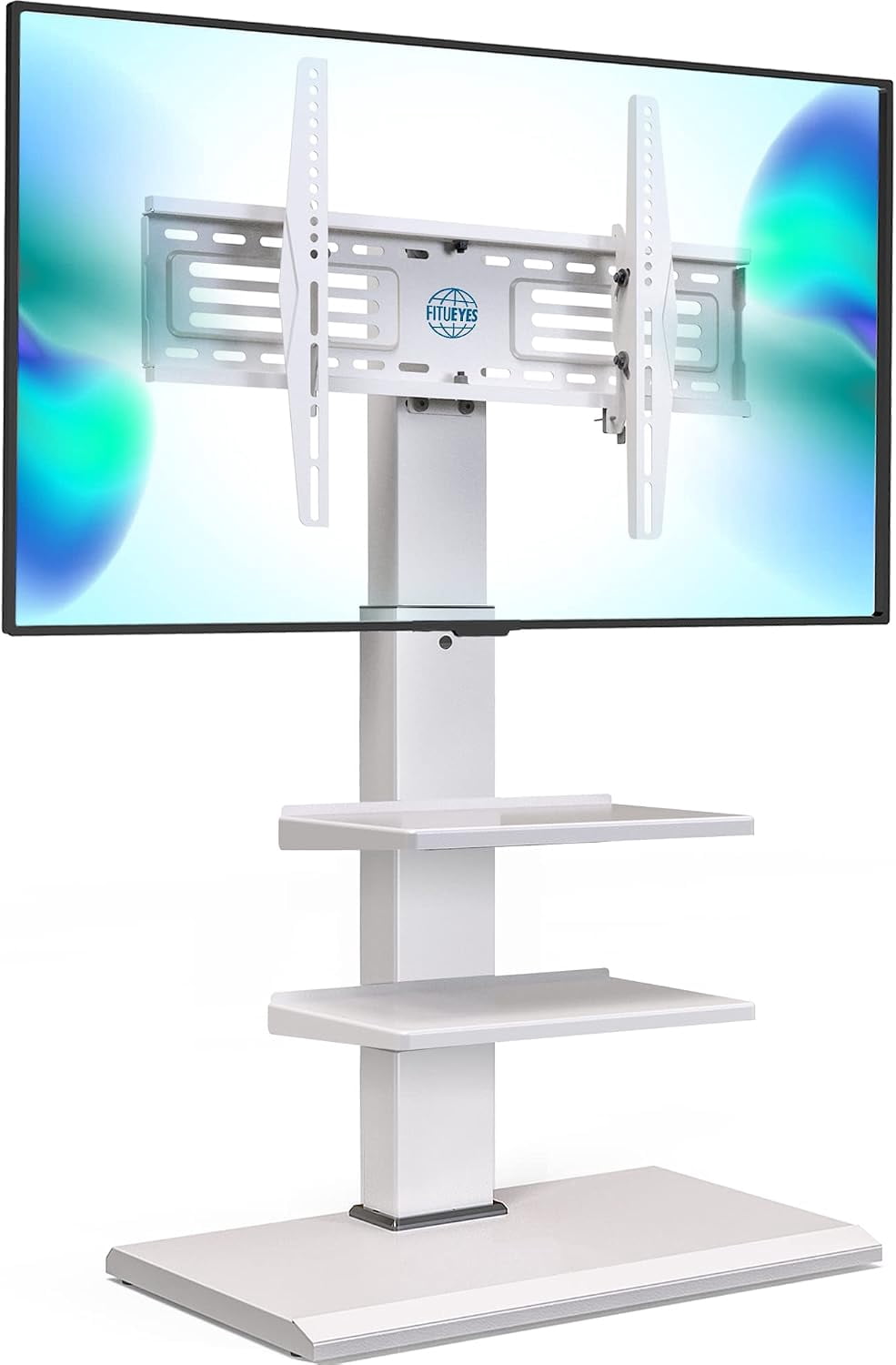 FITUEYES Corner TV Stand for 32–75 Inch TVs, White, Swivel & Tilt, Height Adjustable, Iron Base