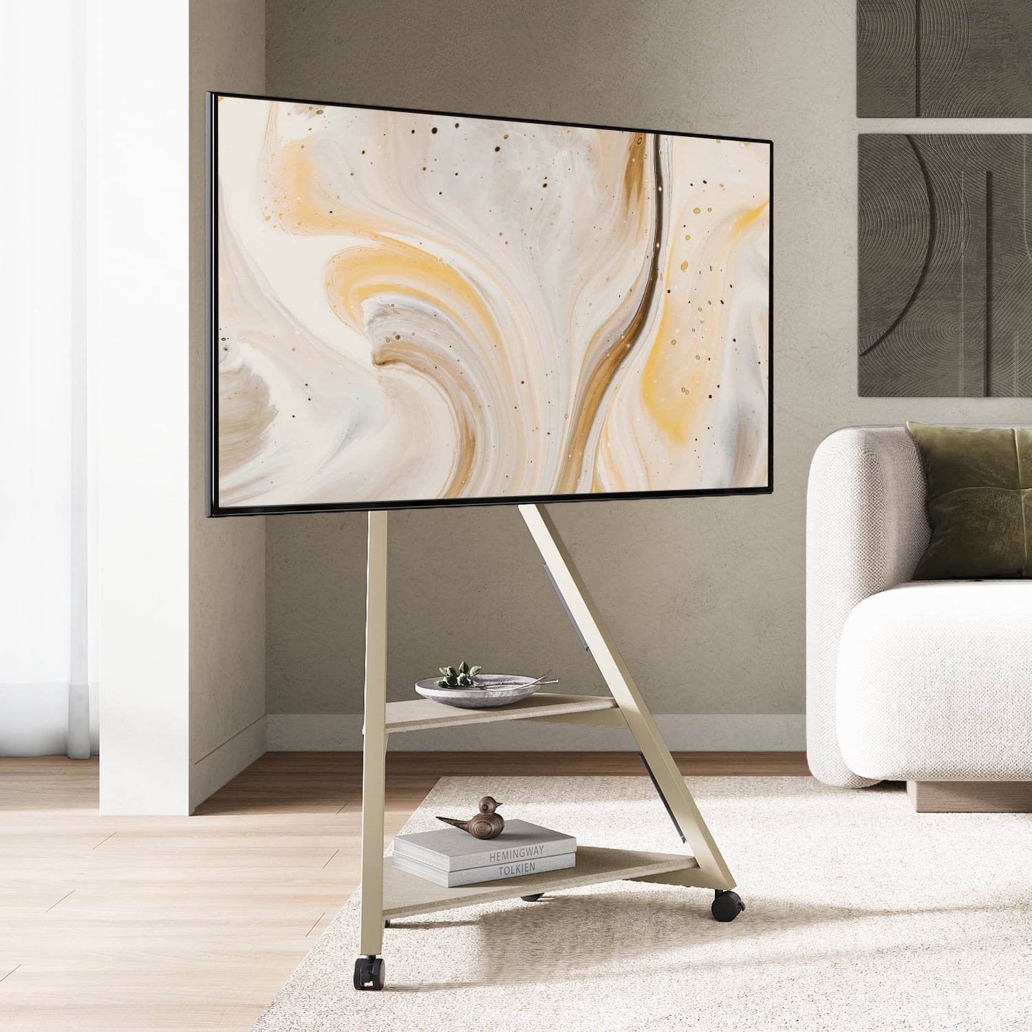 FITUEYES Design Corner TV Stand for 32 43 50 55 65 Inch TV, Rolling TV Stand for Bedroom, Living Room, Study Room and More, Mobile TV Stand with Wooden Storage Shelves, Eiffel Series.