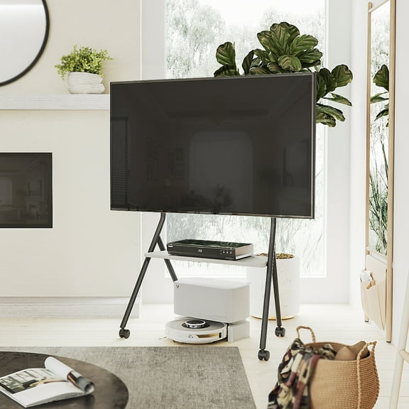 FITUEYES Design Mobile TV Stand for 55 60 65 75 78 Inch TV, Rolling TV Stand with Wooden Storage Shelves, Suitable for Living Room, Office and More, Collector Series.