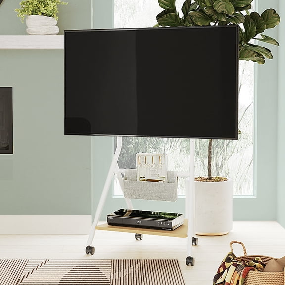FITUEYES Design Mobile TV Stand for 55 60 65 75 78 Inch TV, Rolling TV Stand with Wooden Storage Shelves, Suitable for Living Room, Office and More, Collector Series.